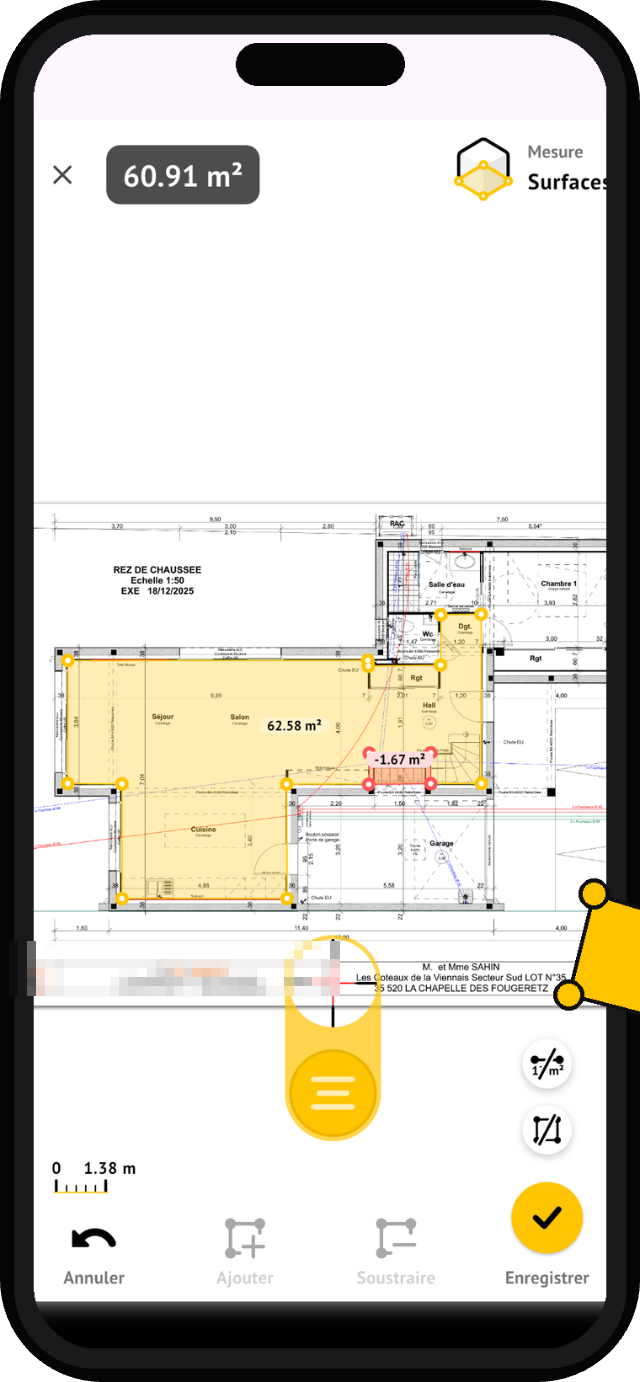Mesure de surface sur un plan PDF dans l'application MeasureAll